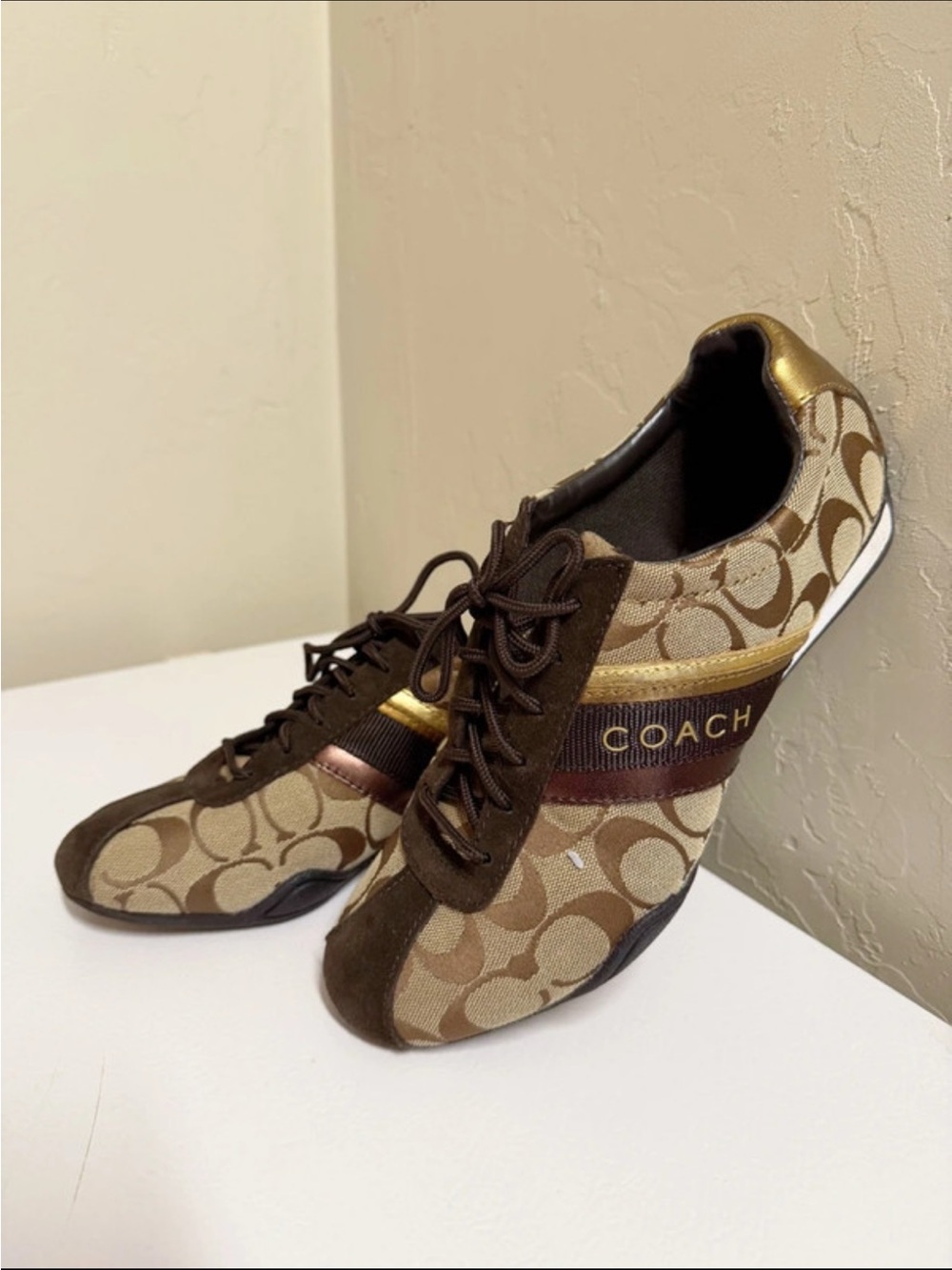 Coach Jayme Brown Signature Logo Low-Top Sneakers with Gold Accents